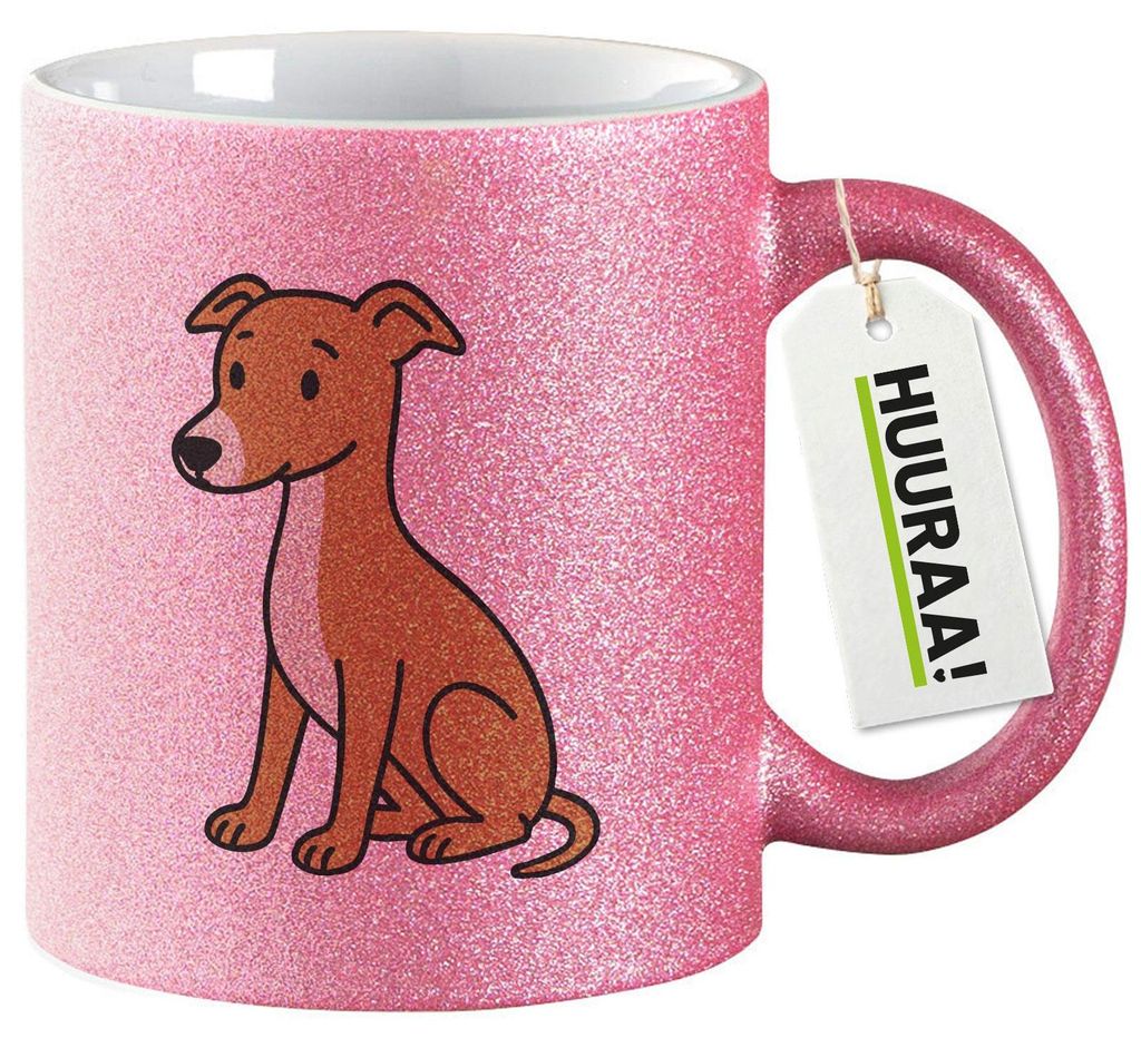 Huuraa Glitzertasse Whippet Comic Whippi 330ml Pink Keramik Kaffeebecher Geschenkidee