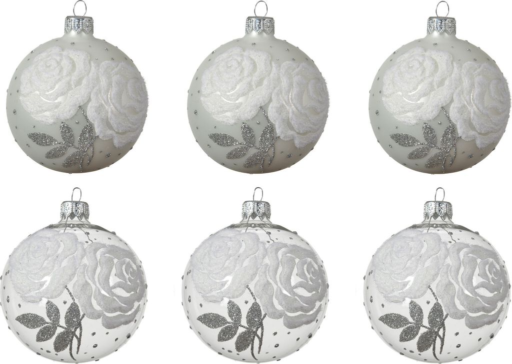 Weihnachtskugeln Glas mit Rosen Motiv Glitzer 8cm klar / weiß, 6er Set
