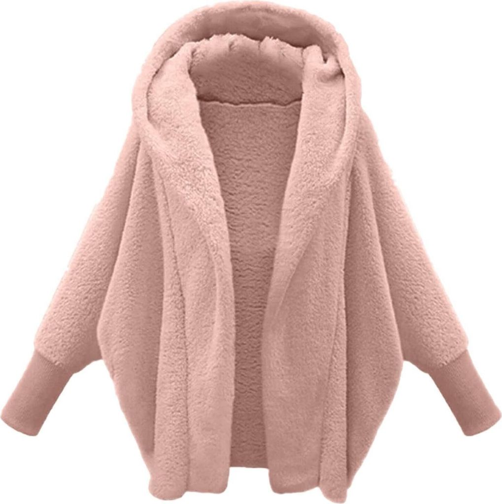 ASKSA Damen Teddyjacke mit Kapuze Lang Fleece Warm Weich Winter Warm Plueschjacke Casual Zip Langarm Samt Jacke Dicke Freizeit Fleecejacke,Rosa,S