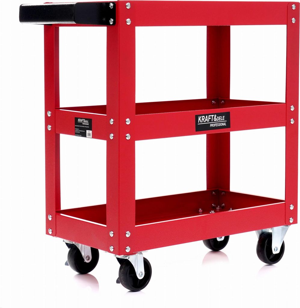 A red tool cart with three shelves and black wheels, shown against a white background.