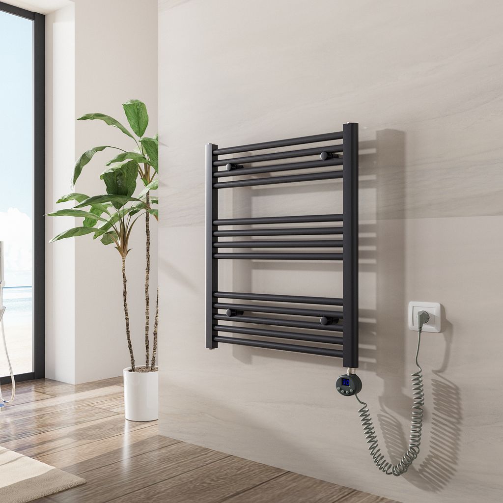Heilmetz Heizkörper Elektrisches Badheizkörper Handtuchtrockner 70x60cm Anthrazit mit Timing Heizstab Thermostat Handtuchwärmer Wandmontage Edel...