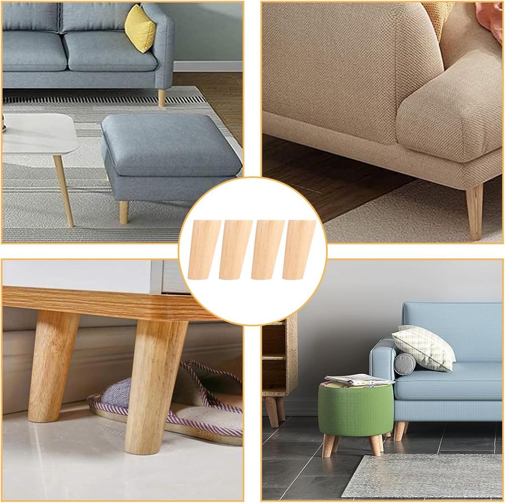 4 Stück Schräg 10 cm Möbelbeine Holz Rund Massivholz Holzbeine für Möbelersatz Tischbeine mit Montageschalen und Filzgleitern für Sofa Bett Sofa