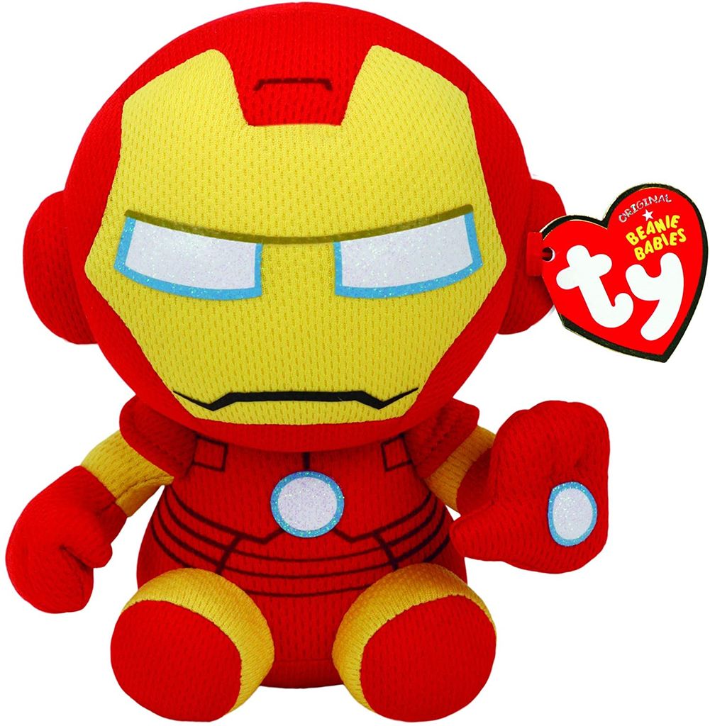 A plush toy of Iron Man from Marvel, with a Ty Beanie Babies tag attached.