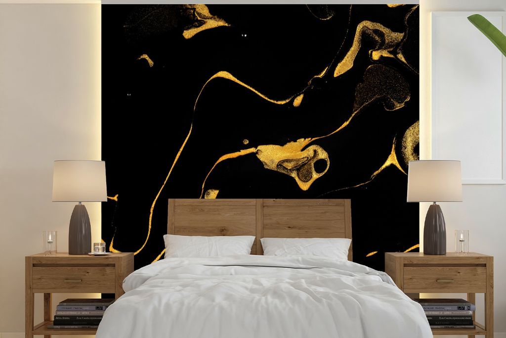 MuchoWow Fototapete für Wohnzimmer oder Schlafzimmer Wandtapete Vinyl Motivtapete Muster - Gold - Schwarz - 220x220 cm - Tapeten