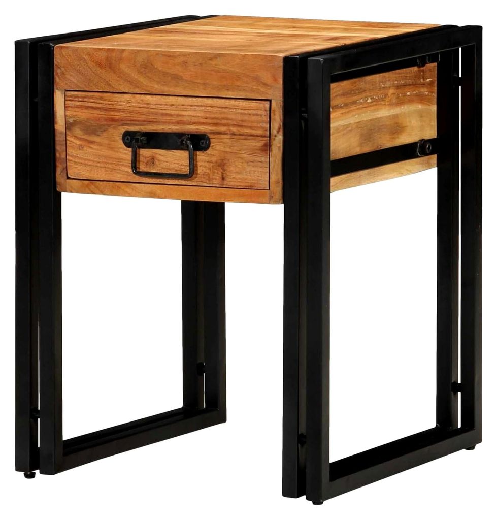 Beistelltisch aus Akazien-Massivholz 40x40x50 cm, Nachttisch mit Schublade, Metallgestell, Moderner Stauraum für Wohnzimmer, Flur, Schlafzimmer, L...