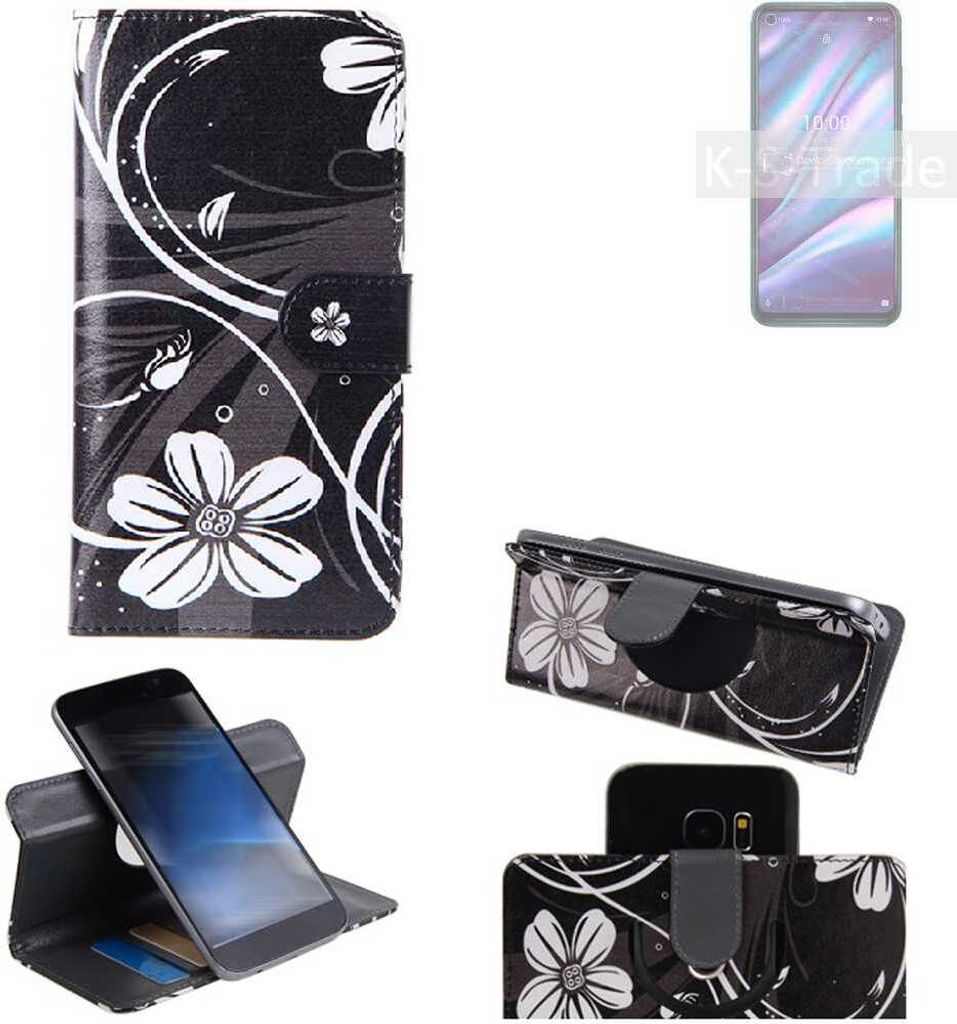 K-S-Trade Schutzhülle Handyhülle kompatibel mit Wiko View 5 Plus Hülle 360° Wallet Case ''Flowers'' Klapphülle Hülle schwarz-weiß 1x