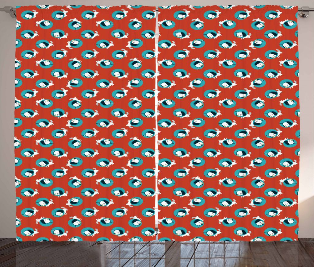 ABAKUHAUS Hunde Rustikaler Vorhang, Hunde mit Schutzkragen, Wohnzimmer Universalband Gardinen mit Schlaufen und Haken, 280 x 245 cm, Weiß Blau Rot