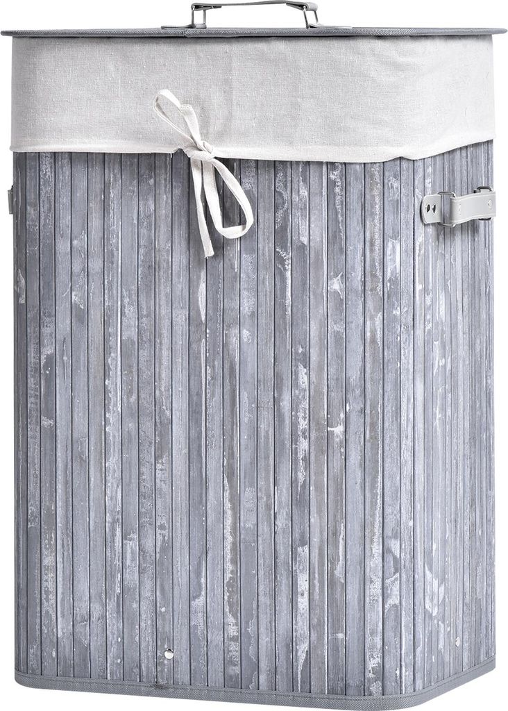Fortuna Lai Wäschekorb mit Deckel 72L faltbarer Wäschesammler waschbarer Wäschesack aus Bambus mit Griffen Grau 40x30x60cm