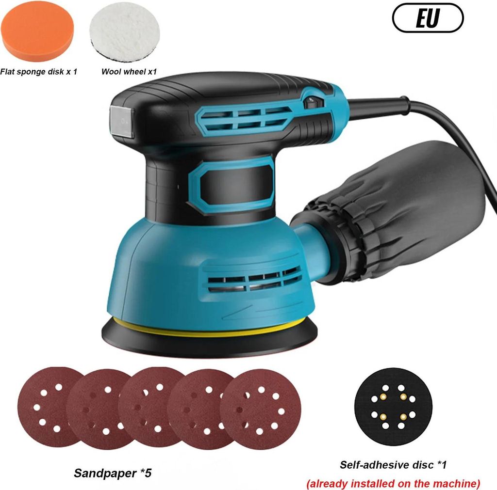 Exzenterschleifer und Poliermaschine - Elektrisch - 125 mm Teller - 12000 U/min - Variable Drehzahl - EU‐Stecker - Mit Schwamm- & Wollpads - Gold