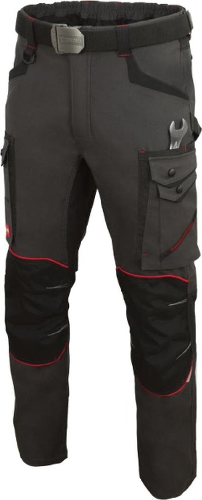 A pair of dark gray work pants with black knee panels and red stitching.