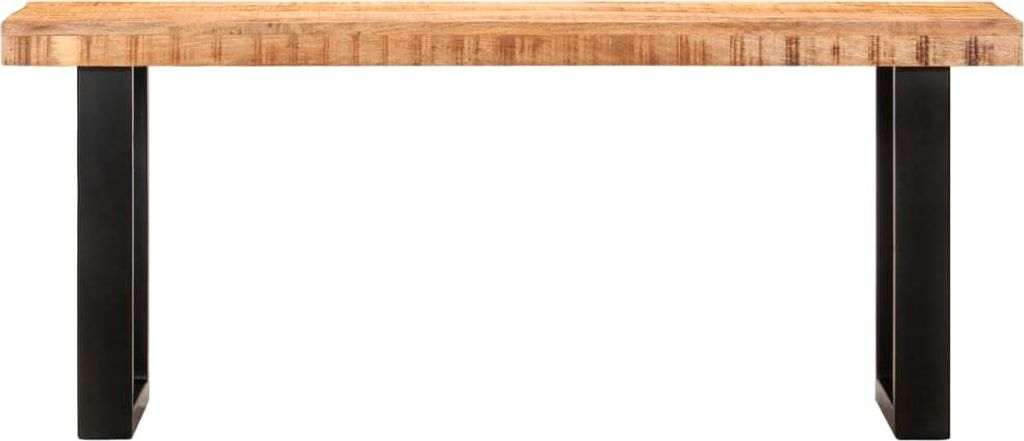 A wooden bench with black metal legs against a white background.