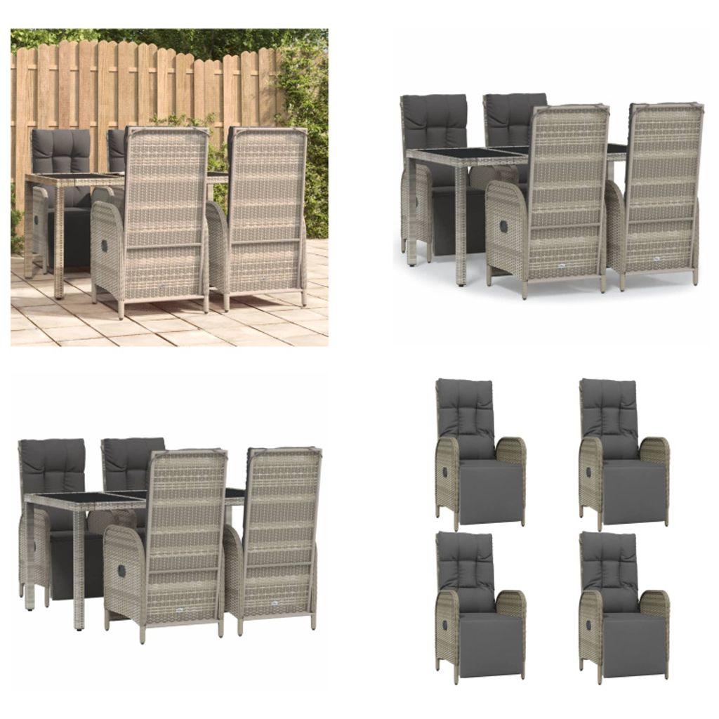 vidaXL 5 tlg. Garten Essgruppe mit Kissen Grau Poly Rattan - Garten Essgruppe - Garten Essgruppen - Essgruppe - Essgruppe Terrasse