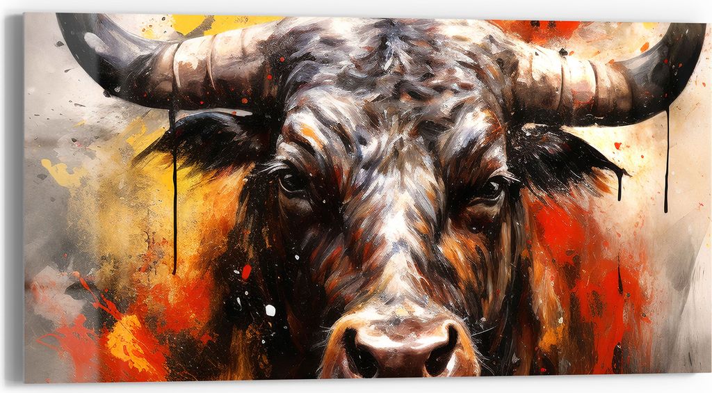 DEQORI Glasbild Echtglas 60x30 cm 'Stier im Farbensturm' Wandbild Bild modern Deko