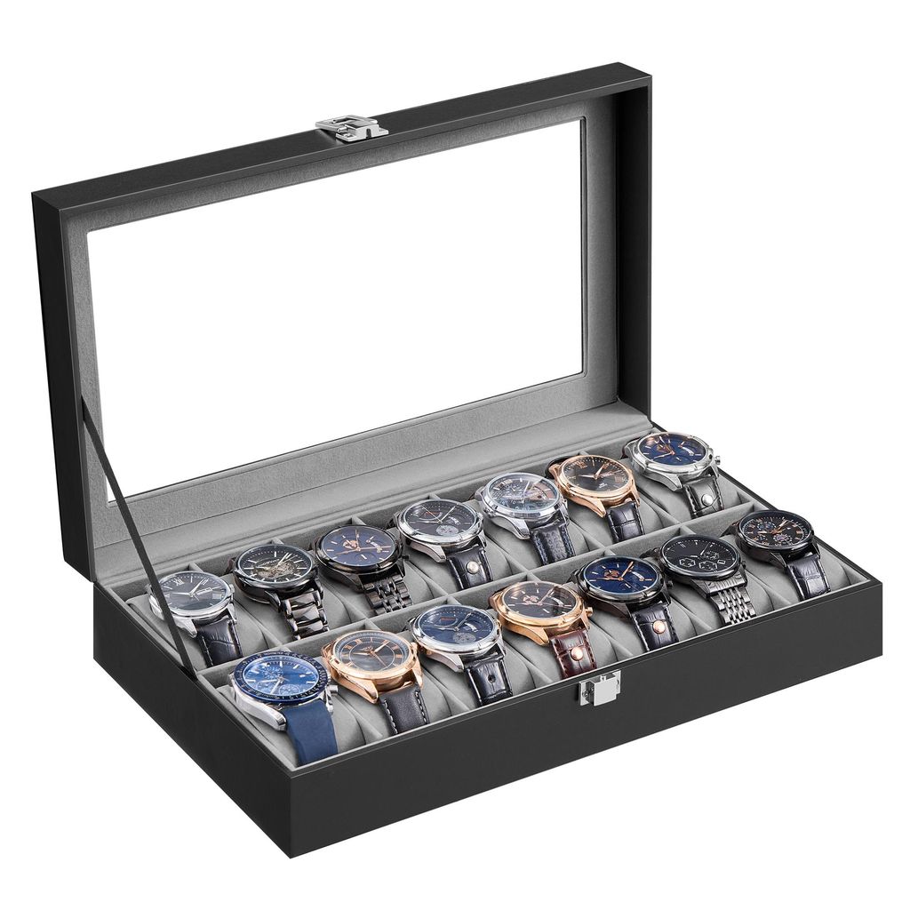 SONGMICS Uhrenbox für 14 Uhren mit Glasdeckel Kunstleder Produktbild  KI-generiertes Bild