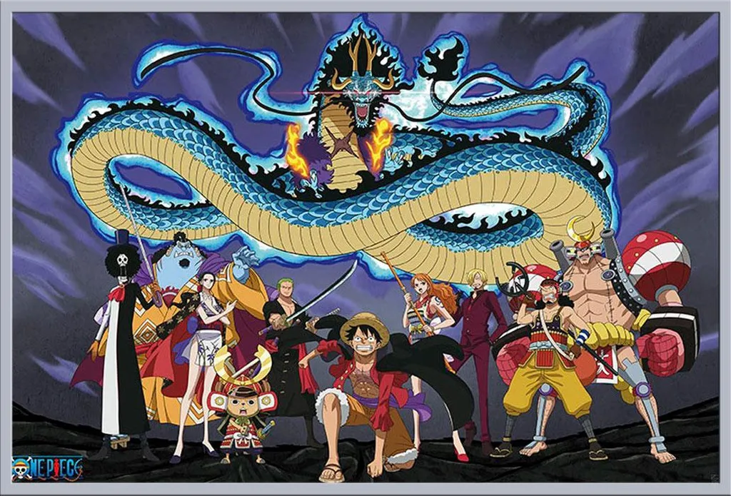 Affiche One Piece Équipage contre Kaido avec cadre argent Shinsuke 61x91