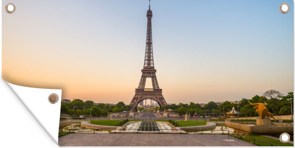 MuchoWow 60x30 cm Outdoor-Poster Gartendeko Sichtschutz Garten Poster für den Garten Paris - Eiffelturm - Sonnenaufgang