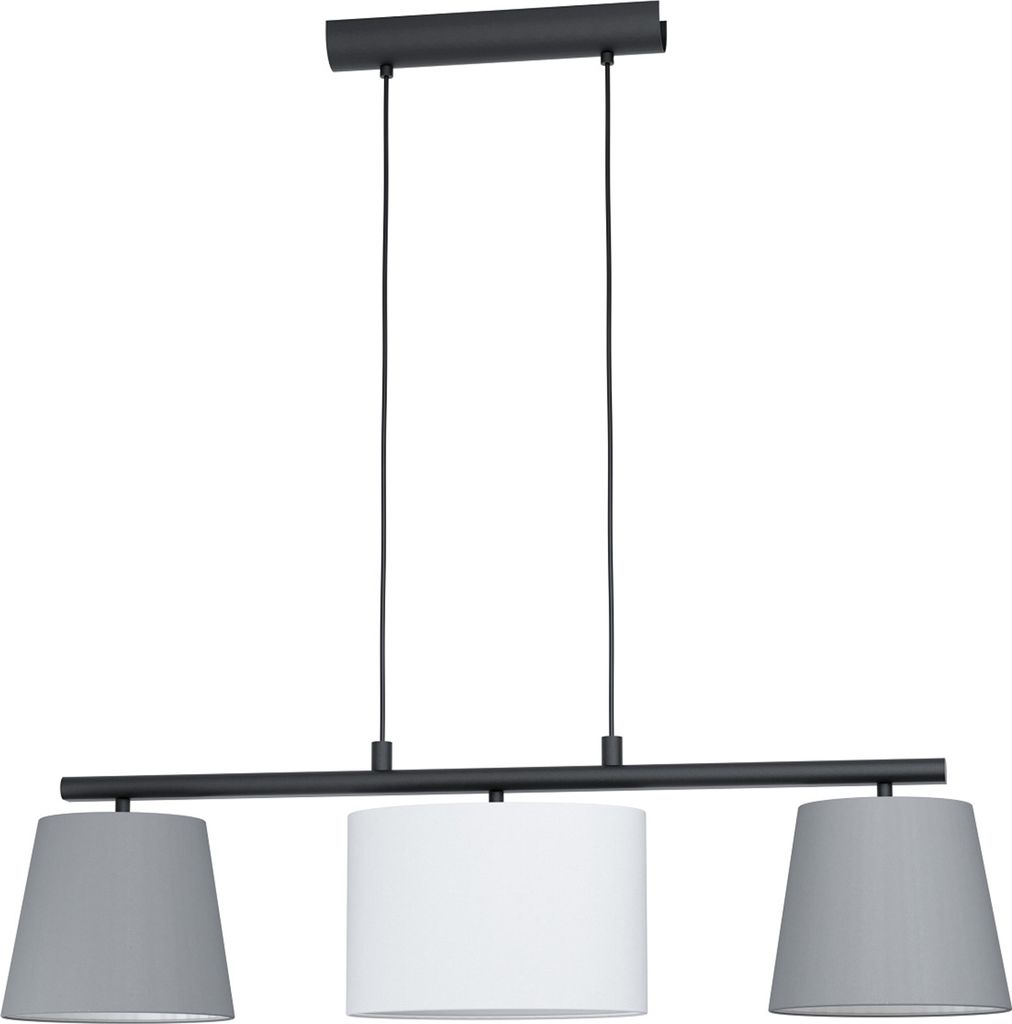 A pendant light fixture with three lampshades.