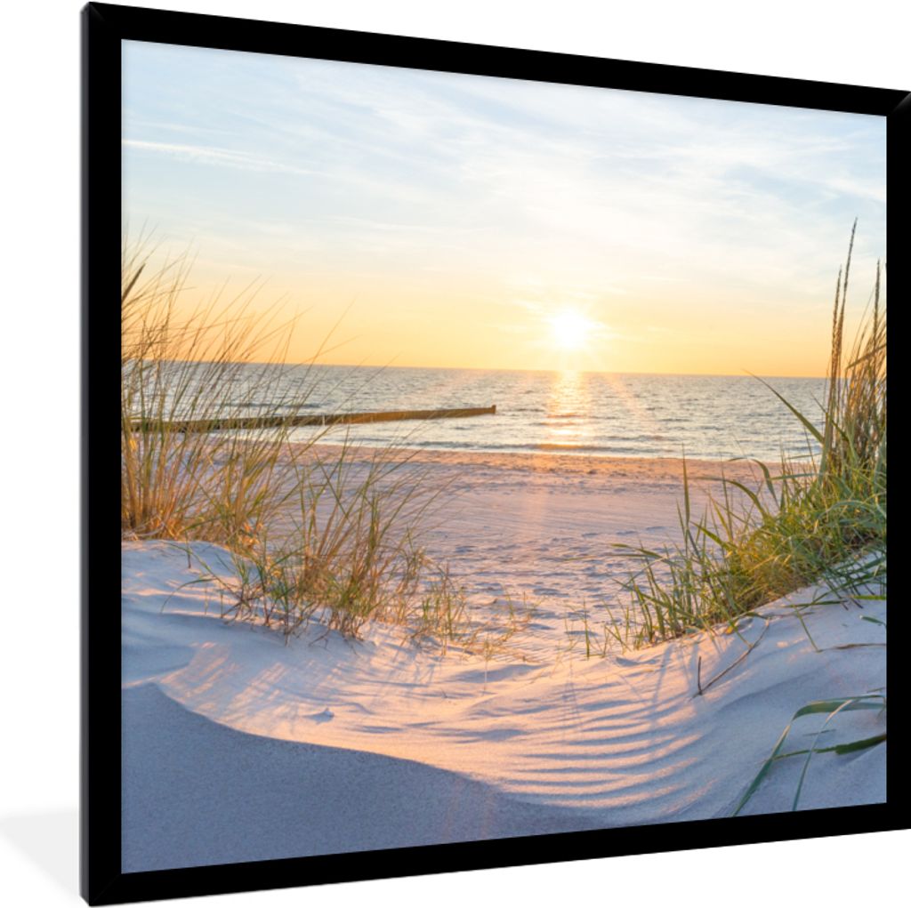 MuchoWow Gerahmtes Poster Strand - Sonne - Düne - Gras - Sand - Horizont 40x40 cm - Poster mit Schwarzem Bilderrahmen Wandposter Rahmen Foto Bil...