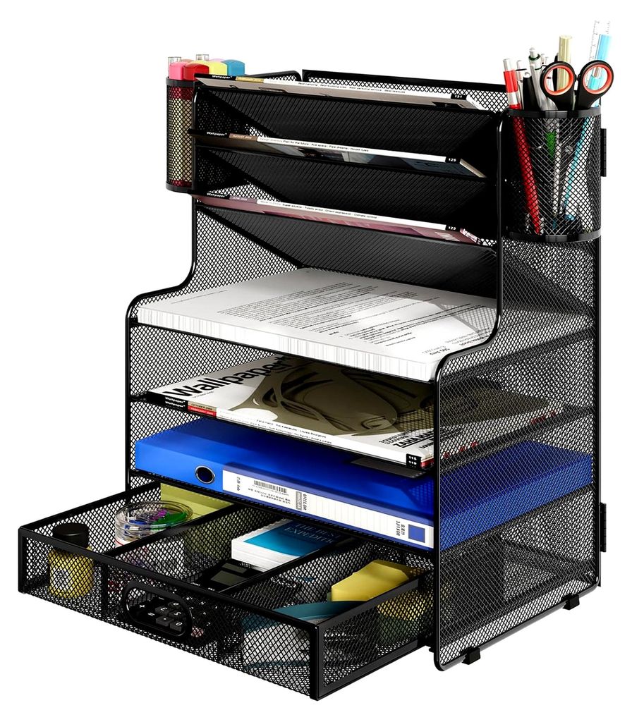 Schreibtisch Organizer mit 7 Fächern und 2 Stiftehaltern, Metall, Dokumentenablage für A4-Papier, Schwarz