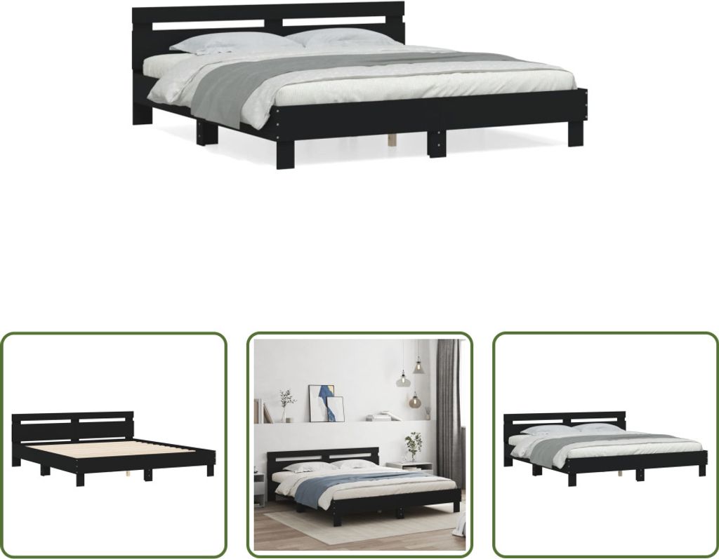 The Living Store Bettgestell mit Kopfteil Schwarz 180x200 cm Holzwerkstoff