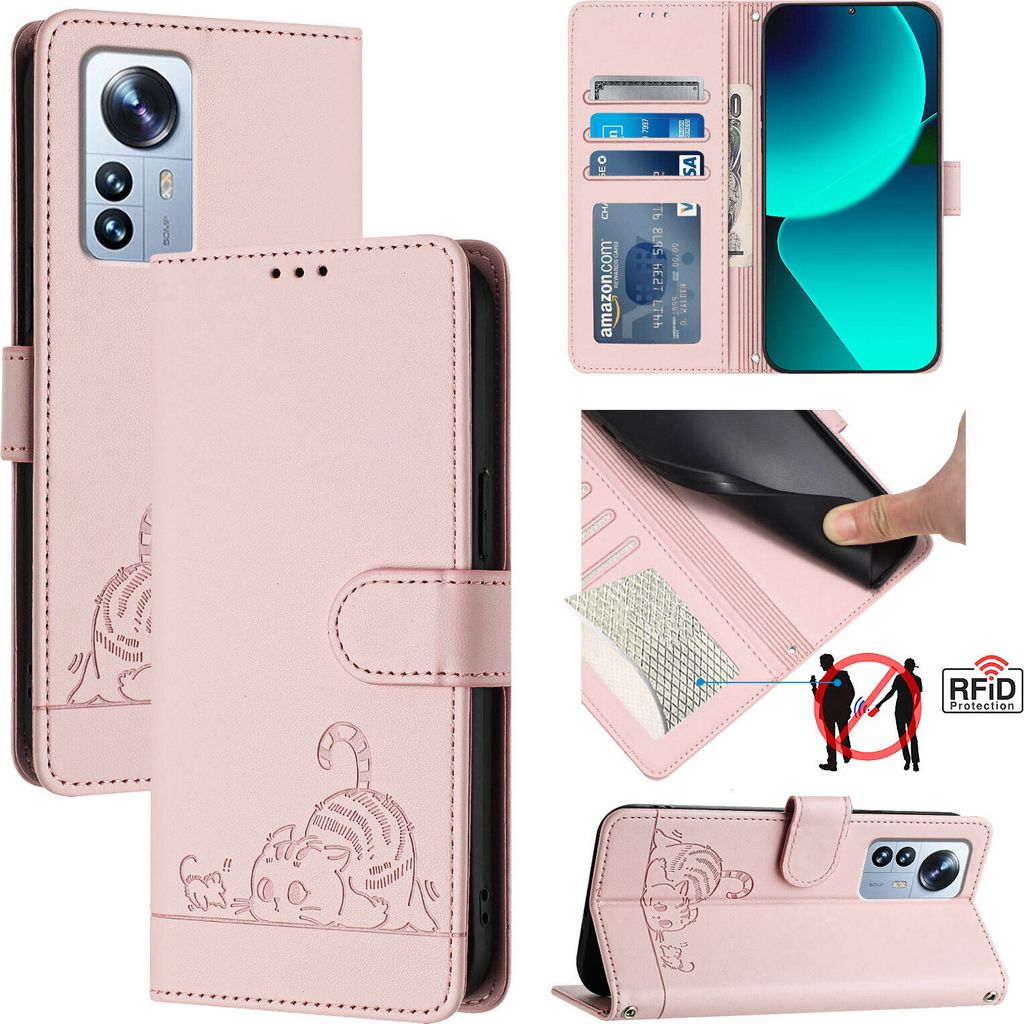 Leder Hülle für Xiaomi 12 Pro/Xiaomi 12S Pro Süße Katze Flip Case Brieftasche Schutzhülle mit Standfunktion Pink