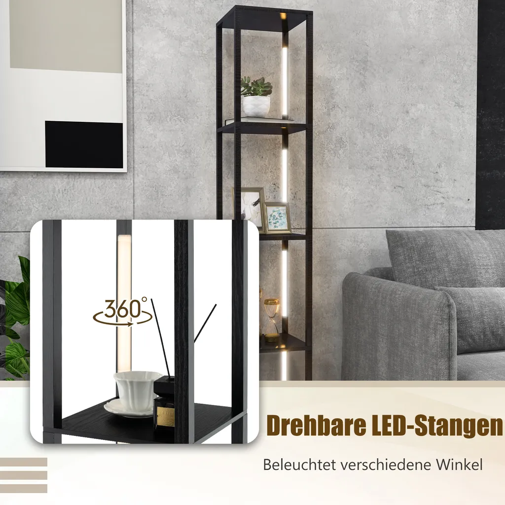 COSTWAY Lampadaire Étagère 163 cm avec LED Dimmable et Étagères Noires
