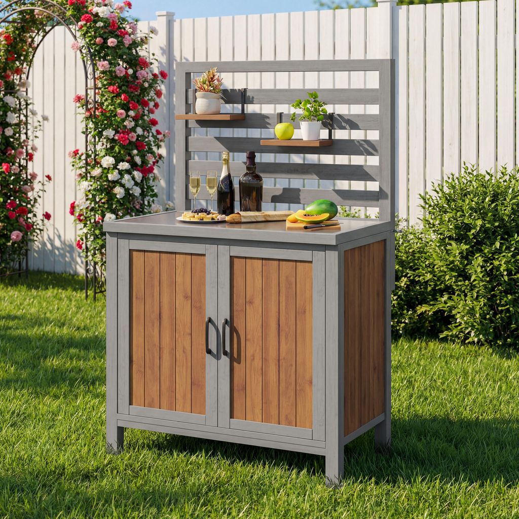 okwish Gartenschrank mit Edelstahl Arbeitsplatte Verstellbaren Böden Outdoor-Schrank mit Stauraum Für Terrasse und Garten Geräteschrank Natur