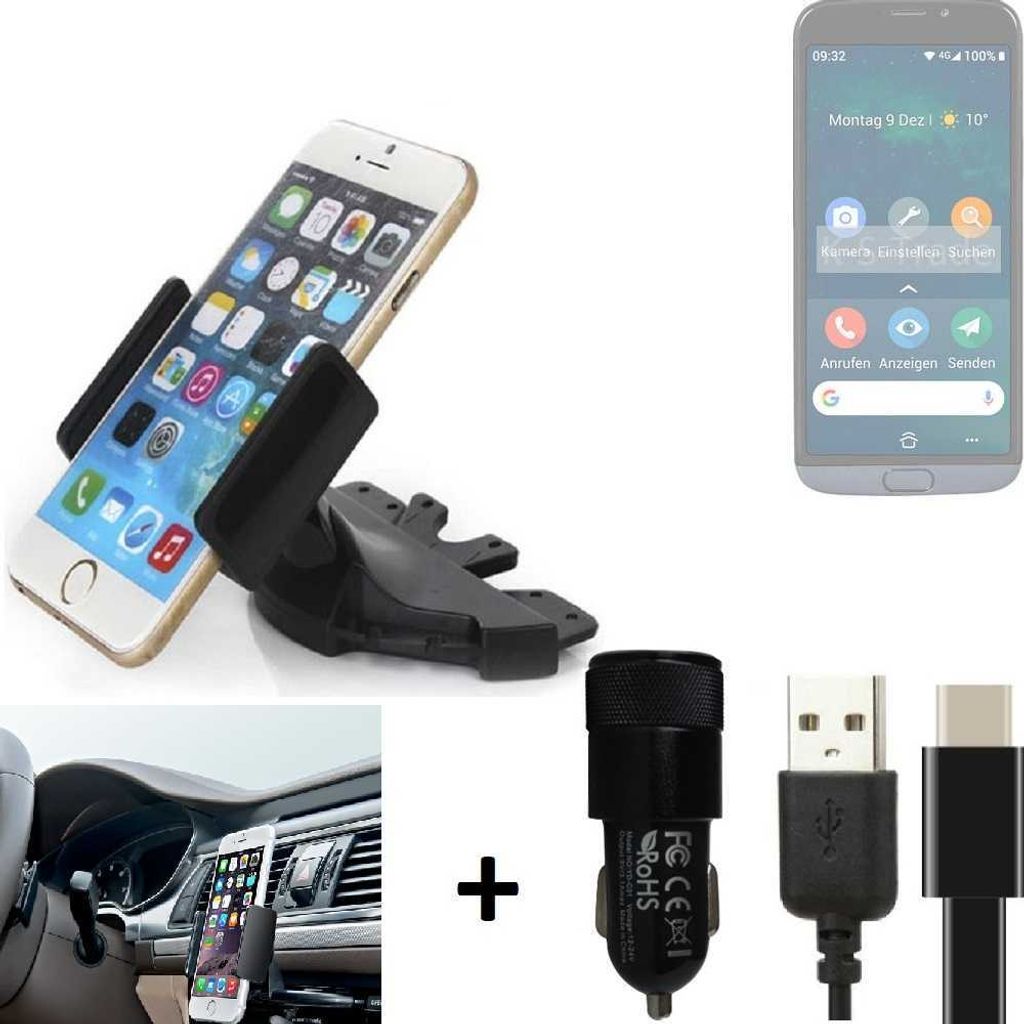 K-S-Trade CD Schlitz Handy-Halterung kompatibel mit Doro 8050 Autohalterung KFZ-Halter Radio Handy Halterung 360° drehbar CD-Schacht inkl. USB-C
