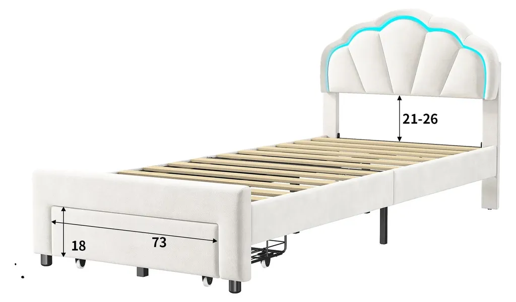 Lit 90x200cm blanc avec tête de lit pétales et éclairage LED variable