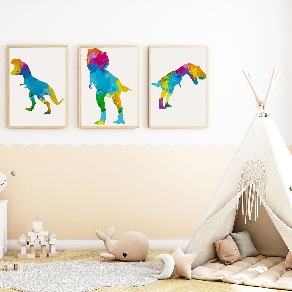 Trex bunte Dinosaurier Bilder 3er Set DIN A4 Kinderzimmer Wandbilder Babyzimmer Poster Dekoration