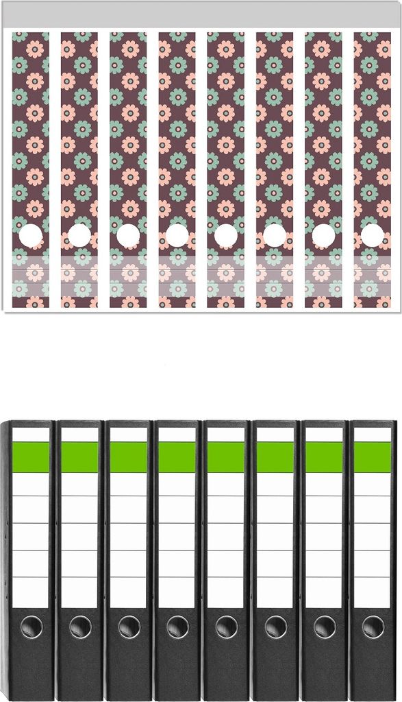 Wallario 8 Stück schmale Ordner inkl. Klebeetiketten mit Motive Muster mit grünen und rosa-farbenen Blüten - Set mit Rückenschildern / Ordnerr...