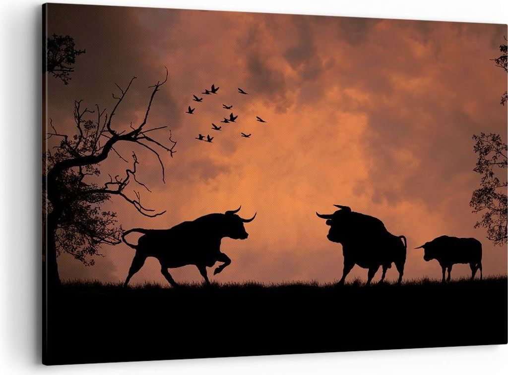Bild auf Leinwand - Leinwandbild - Tier wütend Stier - 100x70cm - Wand Bild - Wanddeko - Wandbilder - Leinwanddruck - Bilder - Kunstdruck - Wandde...