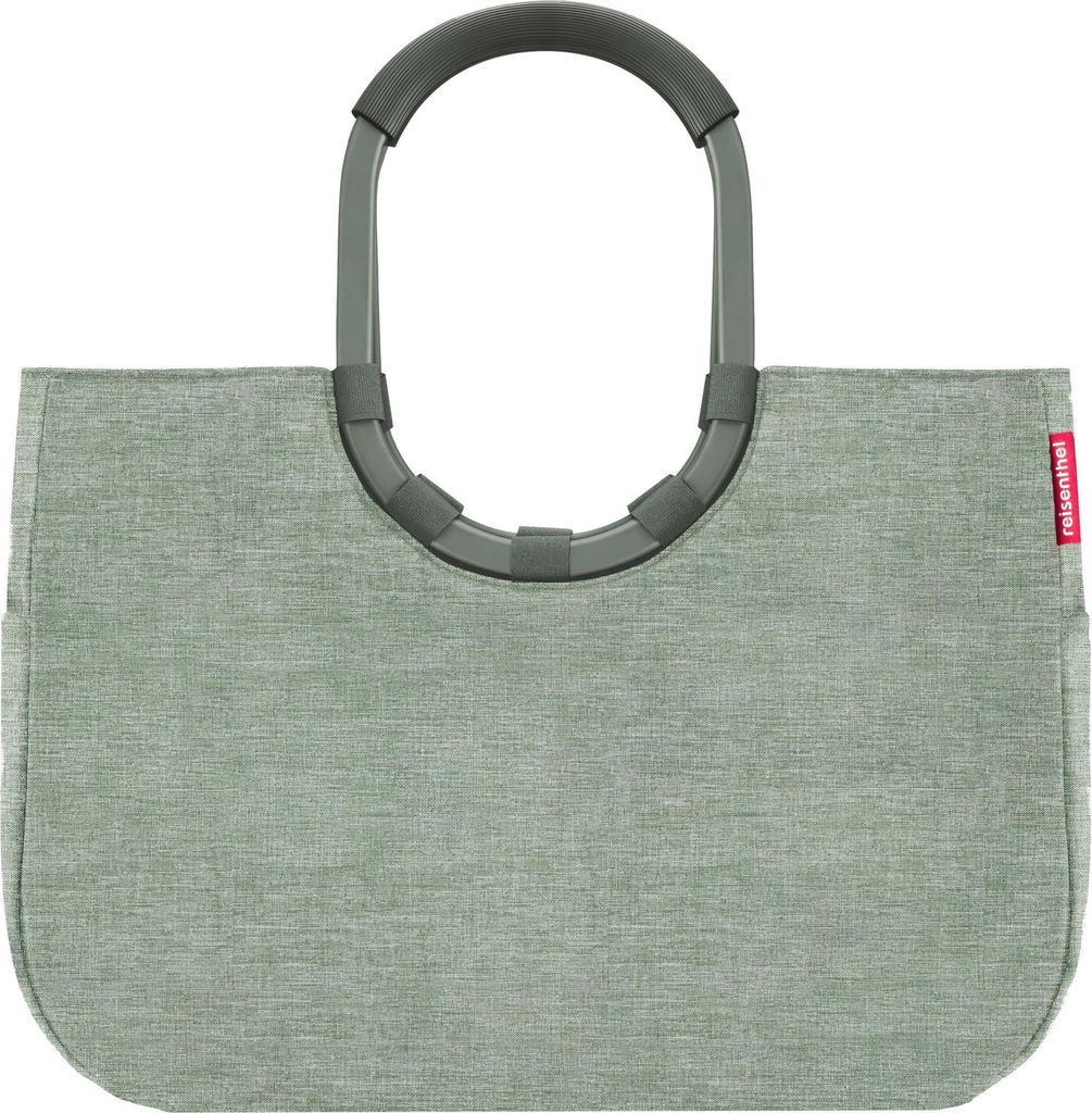 A studio shot of a green shopping bag with gray handles.