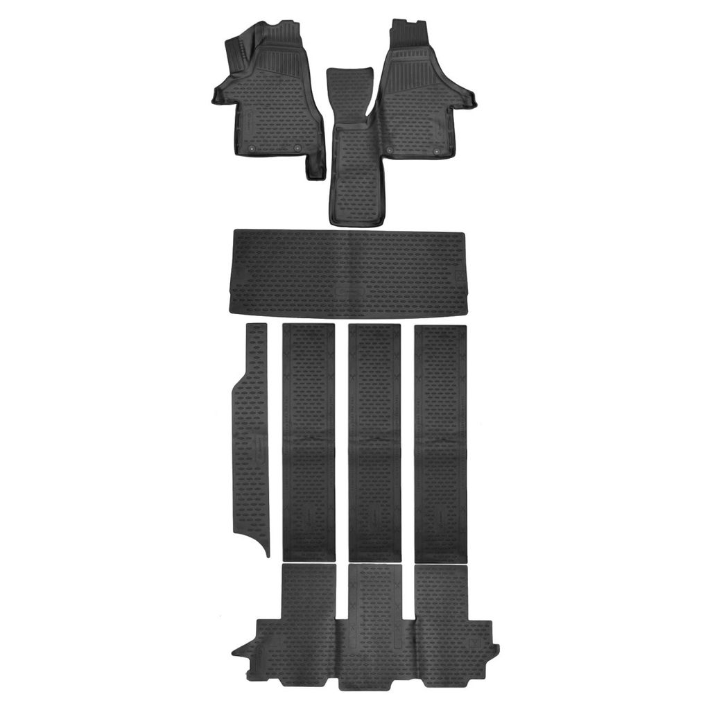 A set of black rubber floor mats arranged on a white background.
