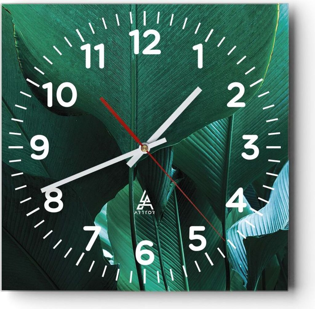 Wanduhr - Quadrat - Glasuhr - Blätter Palmen Banane - 40x40cm - Schleichendes Uhrwerk - Lautlos - zum Aufhängen bereit - Dekoration Modern - Wand...