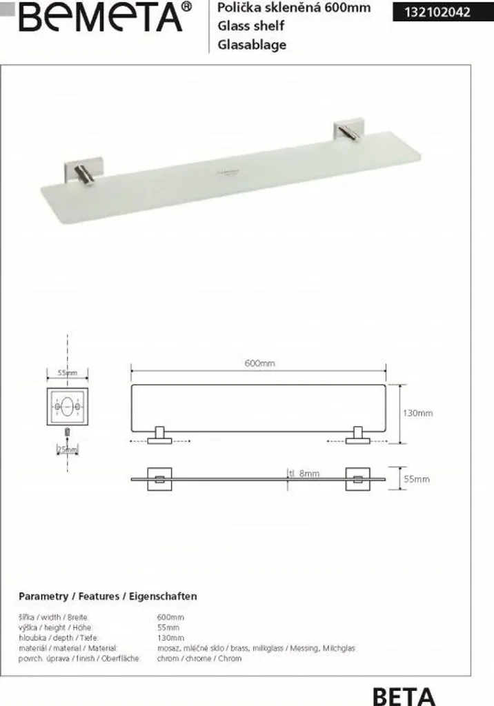 Étagère murale de douche en verre BETA 60x13cm - Support transparent