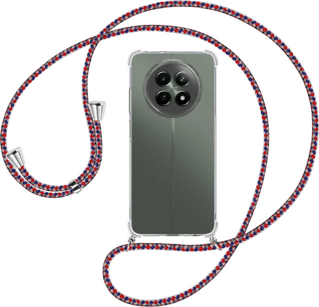 Handykette Backcover-Schutzhülle mit Band (Metall silberfarben) für Realme 12 5G / 12X 5G - silber/blau/rot