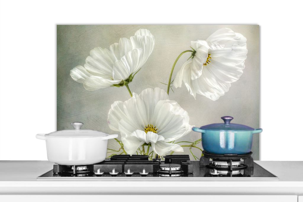 KitchenYeah Spritzschutz Küche - Küchenrückwand - Wandschutz für Herd und Spüle - Blumen - Stillleben - Mohn - Weiß - Botanisch 80x55 - Alu...