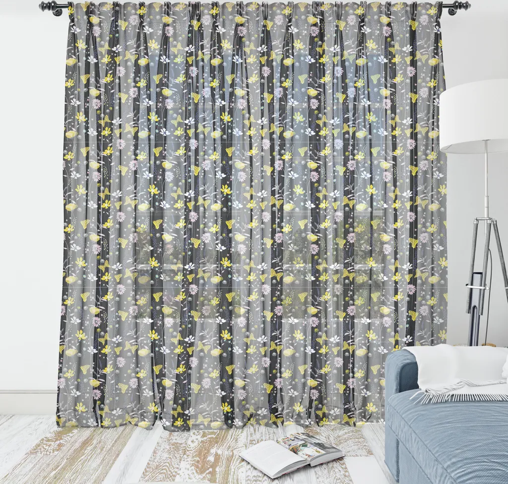 Rideau Mural pour Salon ou Chambre Motifs Papillons 220x274cm Gris Rose