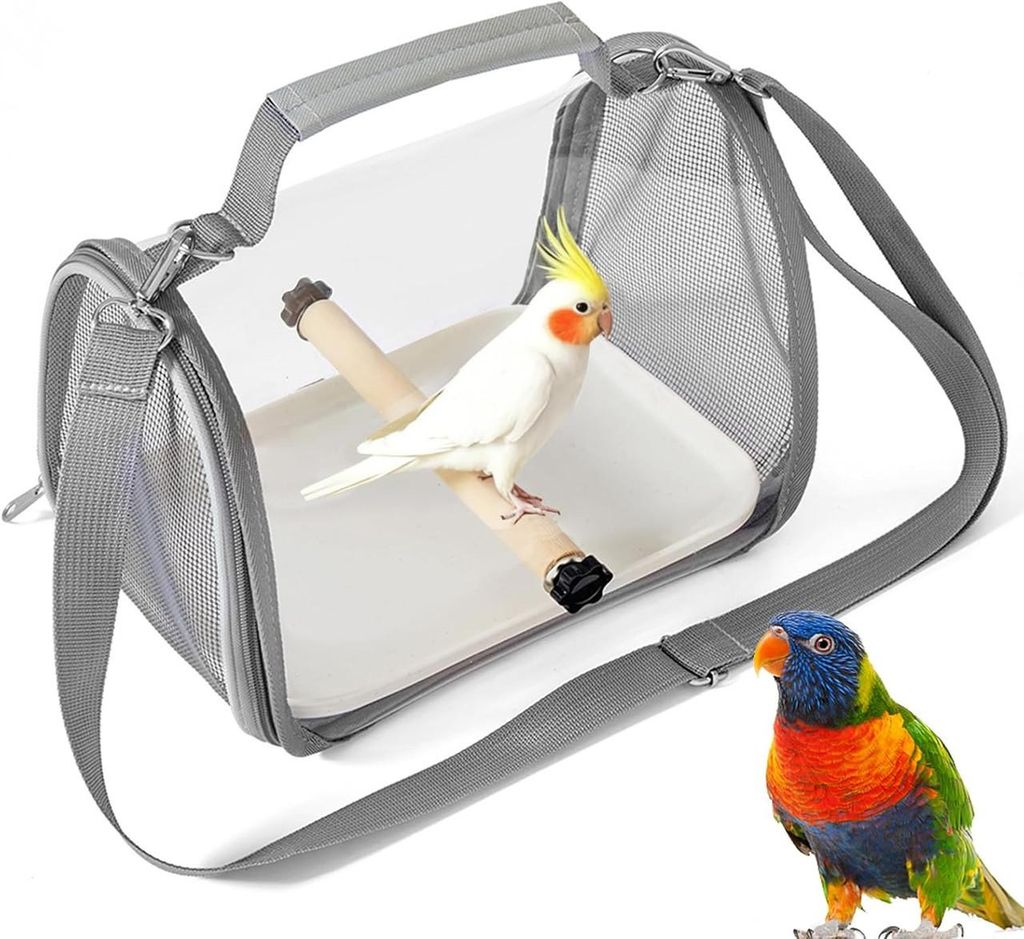 Vogel Transportbox mit Holzstab, faltbarer Rucksack für Vögel, Stehstange & Tablett, Vogelkäfig für Papageien, Sittiche & Kleintiere, 26 x 19 x...