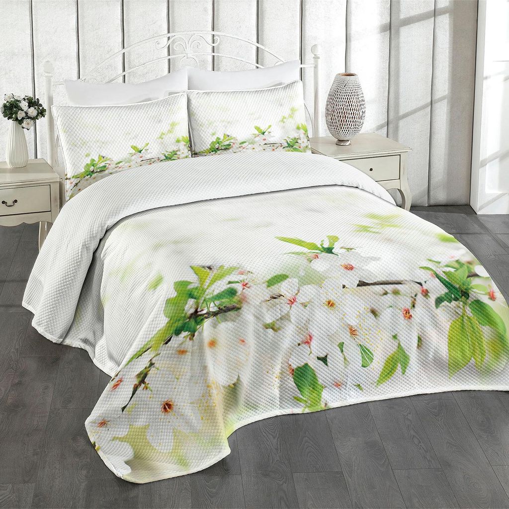 ABAKUHAUS Blume Tagesdecke Set, Weiße Frühjahr-Blüten auf Baumast-Frische-Garten-Wachstums-Saison-Natur, 264 x 220 cm, Weiß Grün