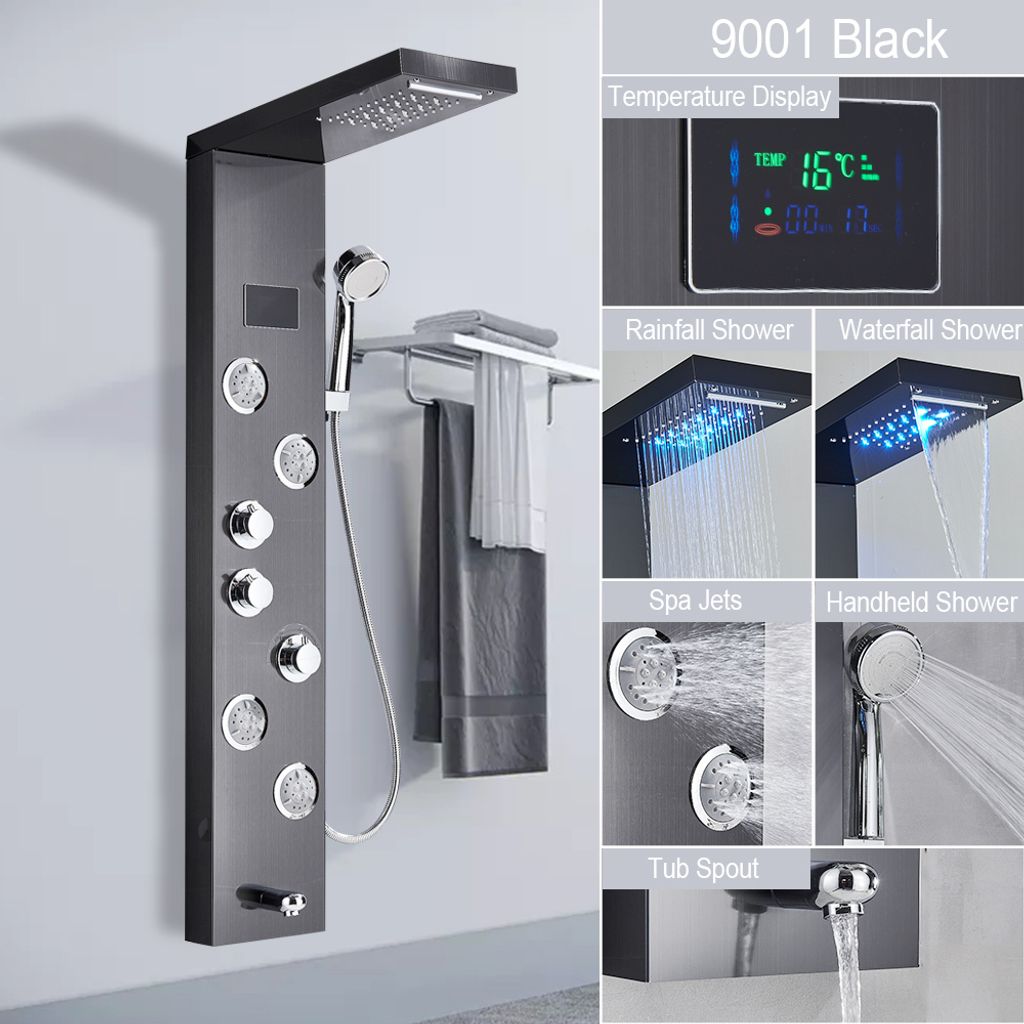 Linuode LED-Licht Duschpaneel Wasserfall Regendusche Wasserhahn Set SPA Massage Jet Badewanne Duschsäule Dusche Mischbatterie Turm,Schwarz 9001