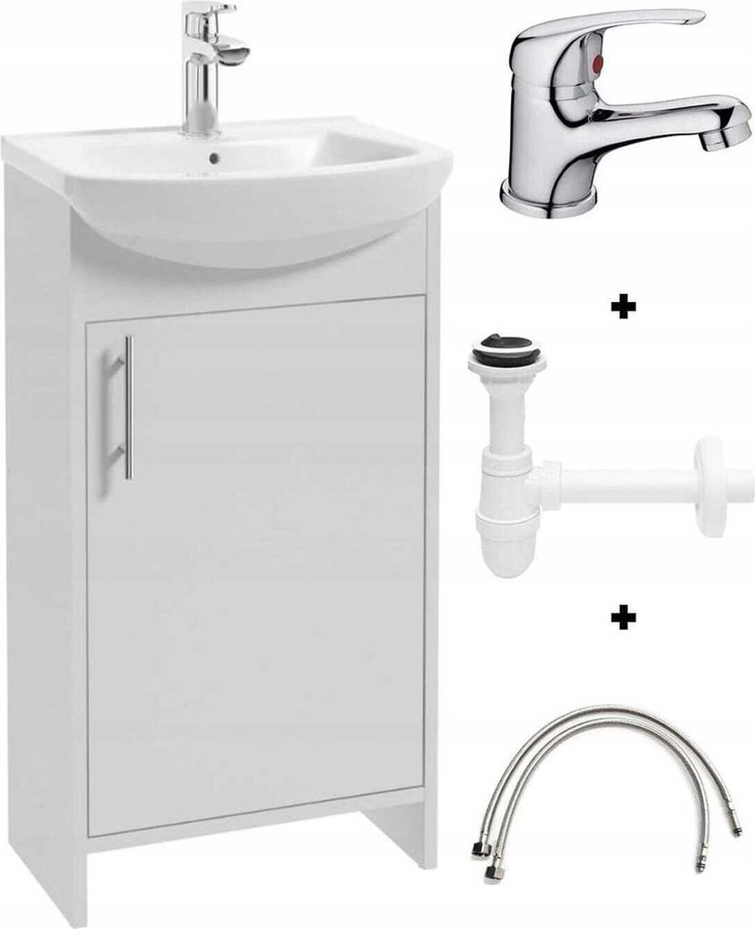 A bathroom sink set consisting of a white cabinet, a white sink, a chrome faucet, and plumbing parts.