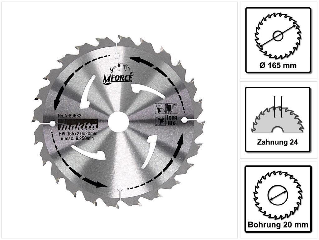 Makita A-89632 M-Force HM Sägeblatt 165 mm mit 24 Zähnen Produktbild 