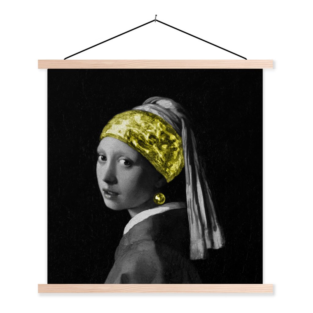 MuchoWow Textilposter Mädchen mit einem Perlenohrring - Gemälde - Gold 40x40 cm mit holzfarbenen Rahmen - Posterleiste