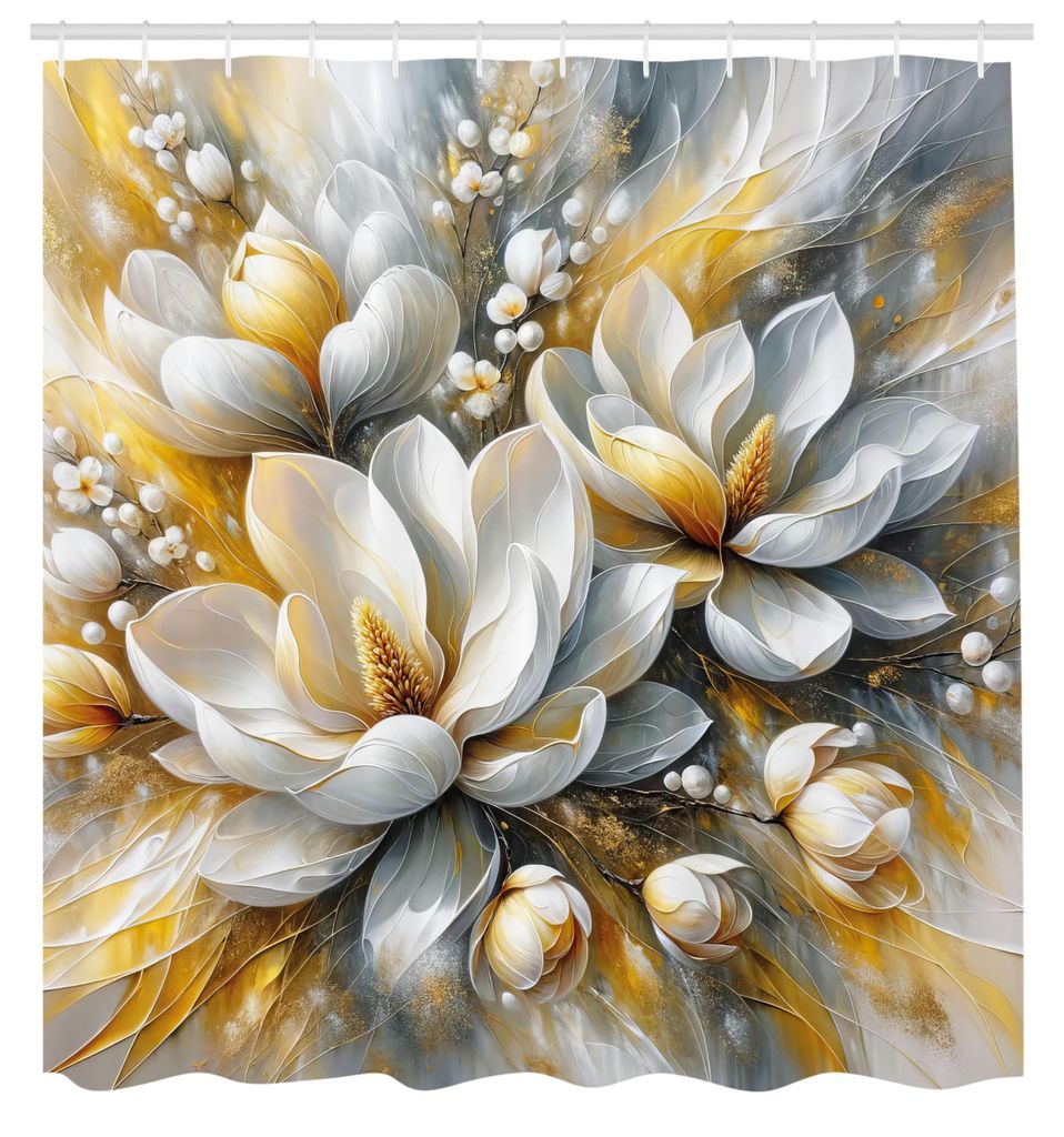 Gelber Duschvorhang, moderne Interpretation von Magnolienblüten mit verträumter Frühlingsstimmung, Stoff mit Haken, 175 x 200 cm, hellorange-bla...