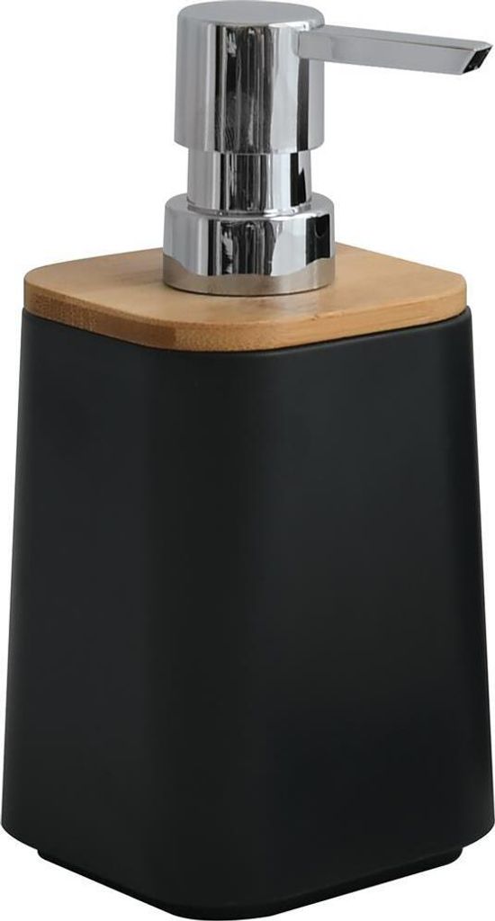 MSV Seifenspender "Kamla" Flüssigseifen-Spender, Fassungsvermögen 8 x 8 x 17 cm Kunststoff und Bambus, matt schwarz, Fassungsvermögen 400ml