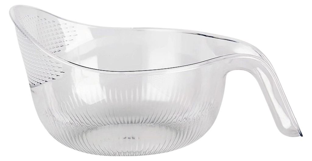 Abtropfkorb aus transparentem, lebensmittelechtem Kunststoff zum Waschen von Reis, Gemüse und Obst mit ergonomischem Griff und leichtem Anheben