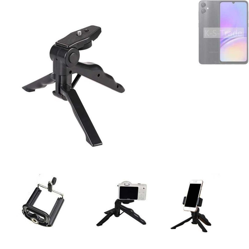 K-S-Trade Stativ Tisch-Ständer Dreibein Handy-Stativ Ständer kompatibel mit Samsung Galaxy A05s Mini-Stativ Smartphone Tripod Handy-Stativ aus
