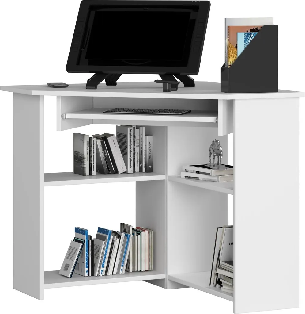 Bureau d'angle blanc 80x80 cm avec tablette clavier pour petit espace